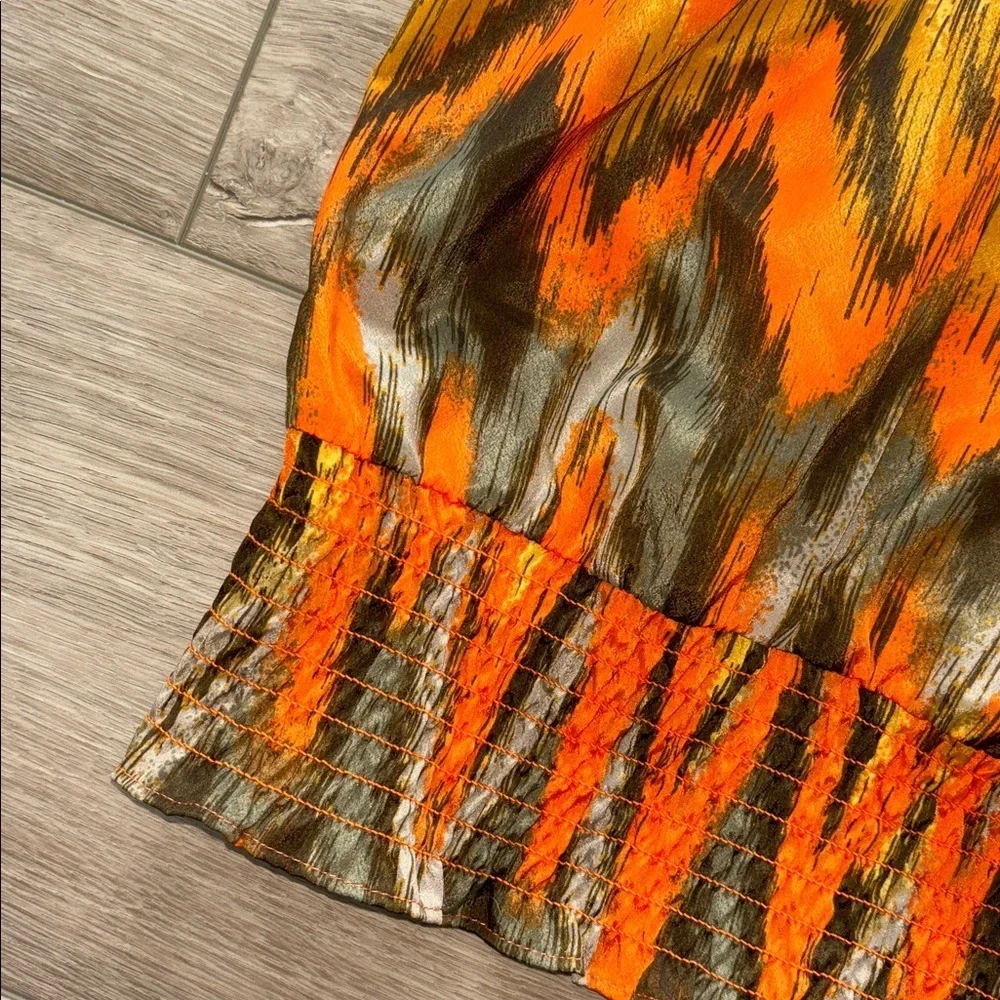 Michael Kors women's short-sleeve orange ikat print blouse with a smocked waist